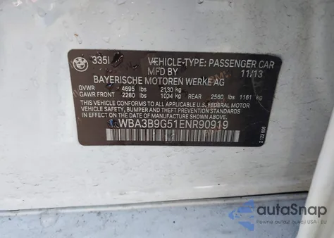 2014 BMW 335I xDrive z USA, uszkodzony, nr VIN WBA3B9G51ENR90919